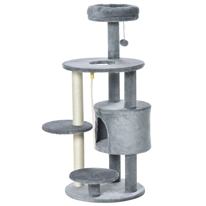 Cat Tree Tower 112cm Climbing Kitten Activity Center with Jute Scratching Post Perch Hanging Ball Toy Teasing Rope grey