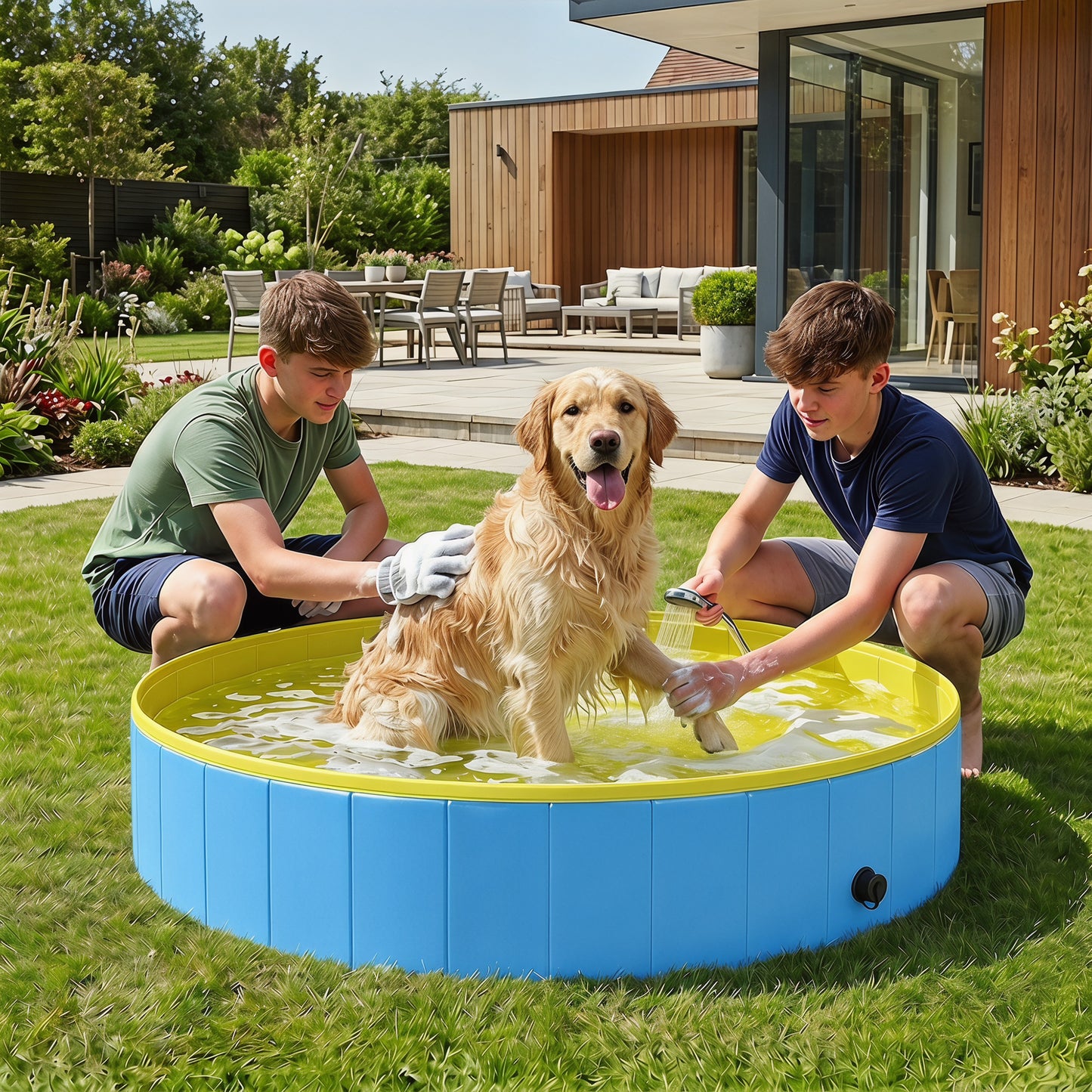 Foldable Dog Pool for Puppies and Ducks, Thickened PVC Dog Paddling Pool Bath Tub Hard Board, Anti-Slip Bottom and Hose Adapter for Easy Drainage, 140 x 30cm, Blue and Yellow