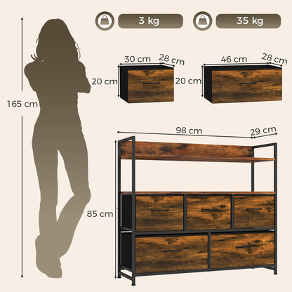 5-Drawer Fabric Chest with 2 Shelves and Steel Frame - Rustic Brown & Black