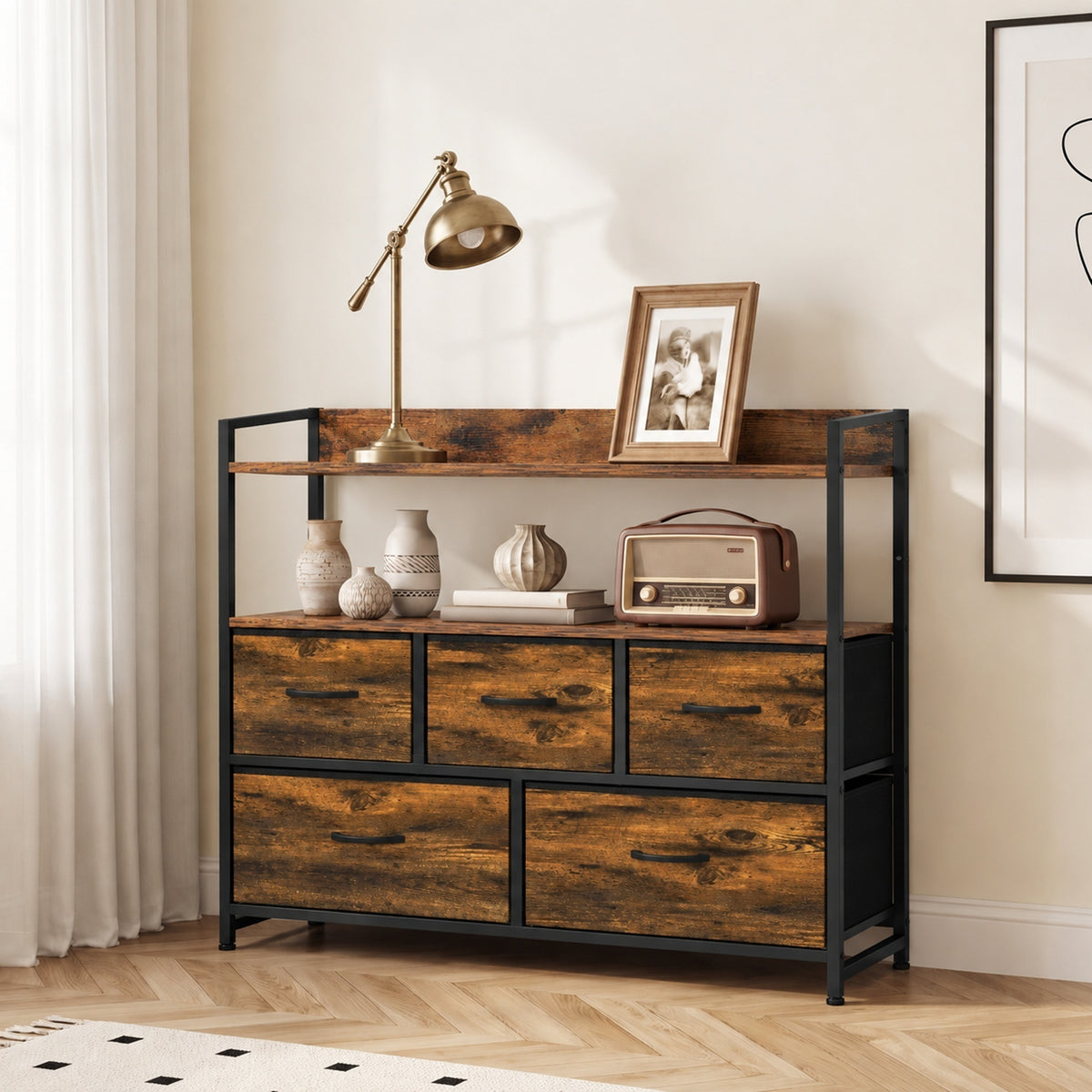 5-Drawer Fabric Chest with 2 Shelves and Steel Frame - Rustic Brown & Black