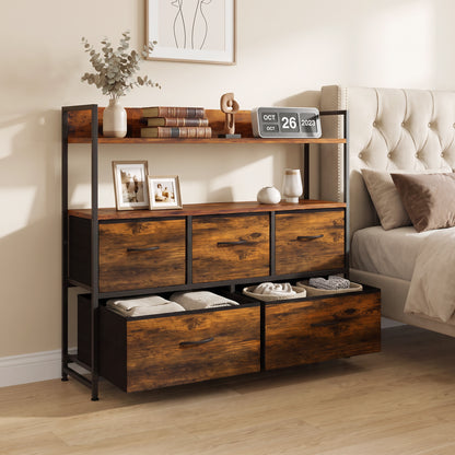 5-Drawer Fabric Chest with 2 Shelves and Steel Frame - Rustic Brown & Black