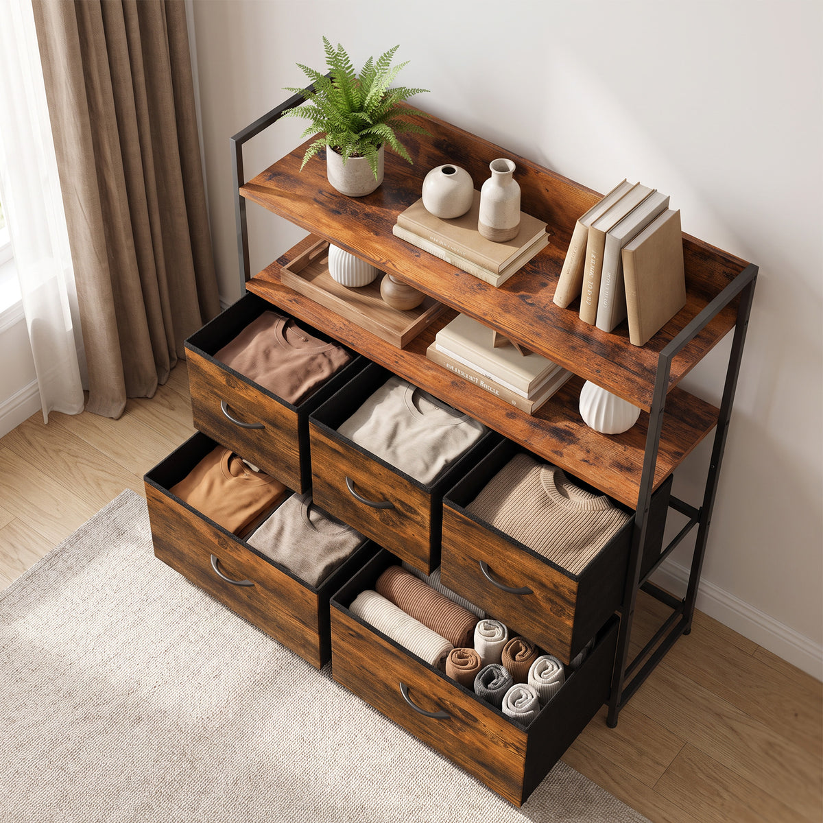 5-Drawer Fabric Chest with 2 Shelves and Steel Frame - Rustic Brown & Black