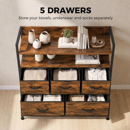 5-Drawer Fabric Chest with 2 Shelves and Steel Frame - Rustic Brown & Black