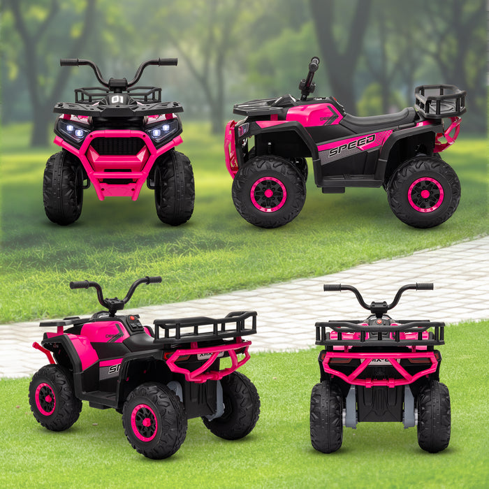 12V Kids Electric Ride on ATV, Battery Powered Quad Bike with 4 Suspension Wheels, Forward Reverse Function, Headlights Music, Storage Basket, for Ages 3-5 Years - Pink