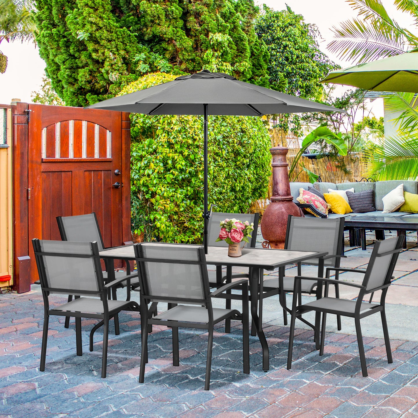 7 Piece Garden Dining Set, Armchairs and Table with Parasol Hole, 6 Seater Outdoor Patio Furniture with Texteline Seat for Backyard, Grey