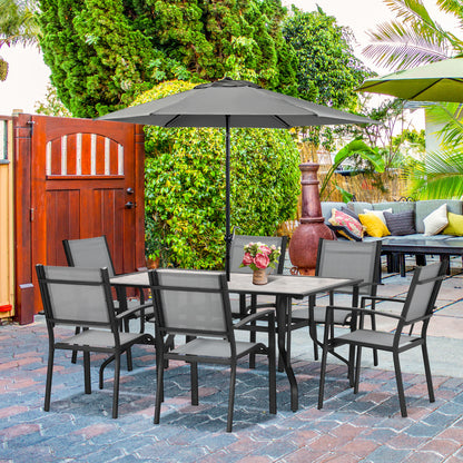 7 Piece Garden Dining Set, Armchairs and Table with Parasol Hole, 6 Seater Outdoor Patio Furniture with Texteline Seat for Backyard, Grey