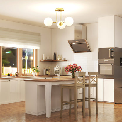 Light Fixture with 3-Light Globe Shades, Modern Ceiling Light, Gold