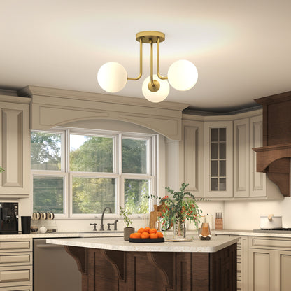 Light Fixture with 3-Light Globe Shades, Modern Ceiling Light, Gold