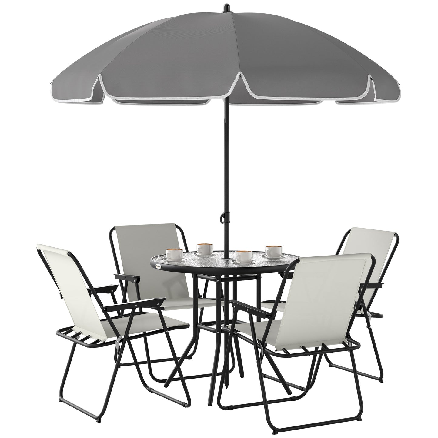 6 Pieces Garden Furniture Set with Parasol, Folding Chairs, Cream