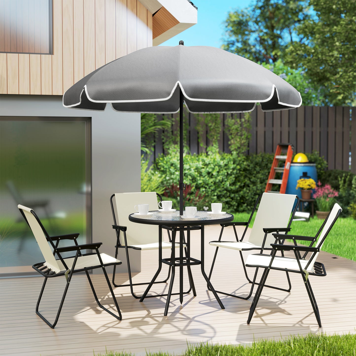 6 Pieces Garden Furniture Set with Parasol, Folding Chairs, Cream