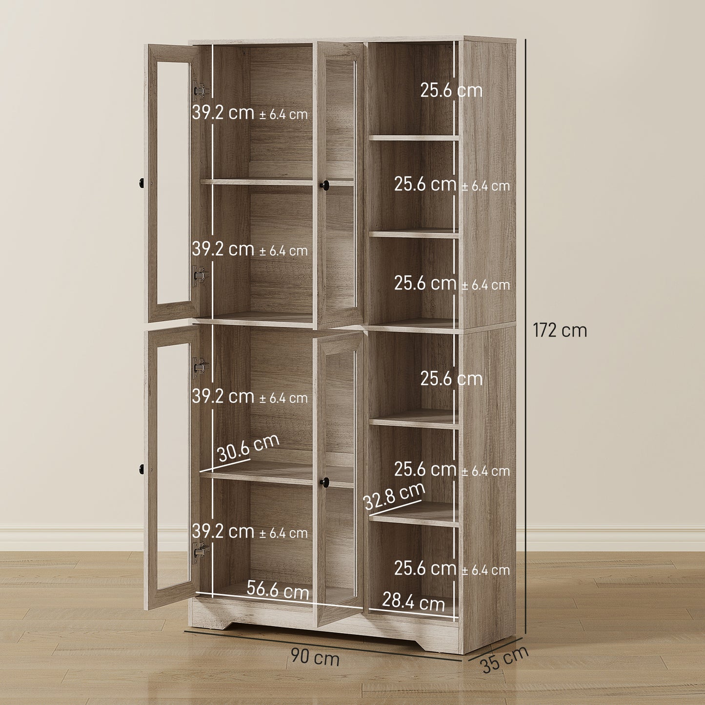 Multi-Storage Kitchen Cabinet, with Glass Doors - Grey Wood-Effect