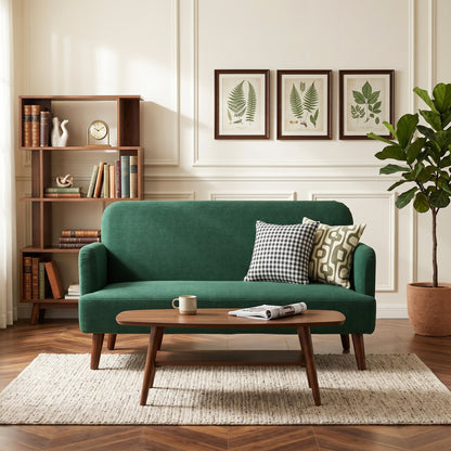 2 Seater Sofa, Small Sofa with 21cm Thick Padding and Wood Legs, Modern Velvet Feel Fabric Loveseat for Living Room, Bedroom, Home Office, Dark Green