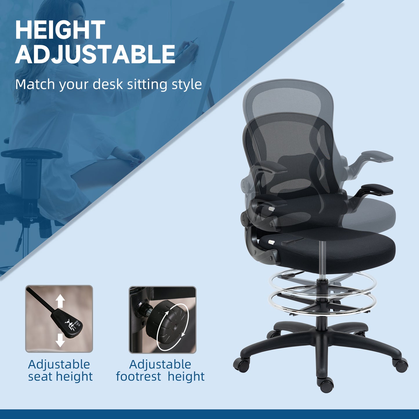 Vinsetto Draughtsman Chair Mesh Chair w/ Adjustable Footrest Ring, Black