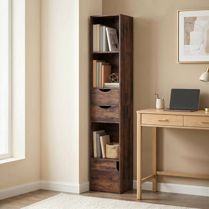 158 cm Bookcase with Drawers, 3-Tier Bookshelf, Slim Storage Cabinet with Doors, Adjustable Shelf for Living Room, Bedroom, Home Office, Rustic Brown