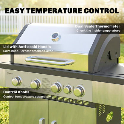4+1 Burner Gas BBQ Grill, Portable Gas Barbecue Grill