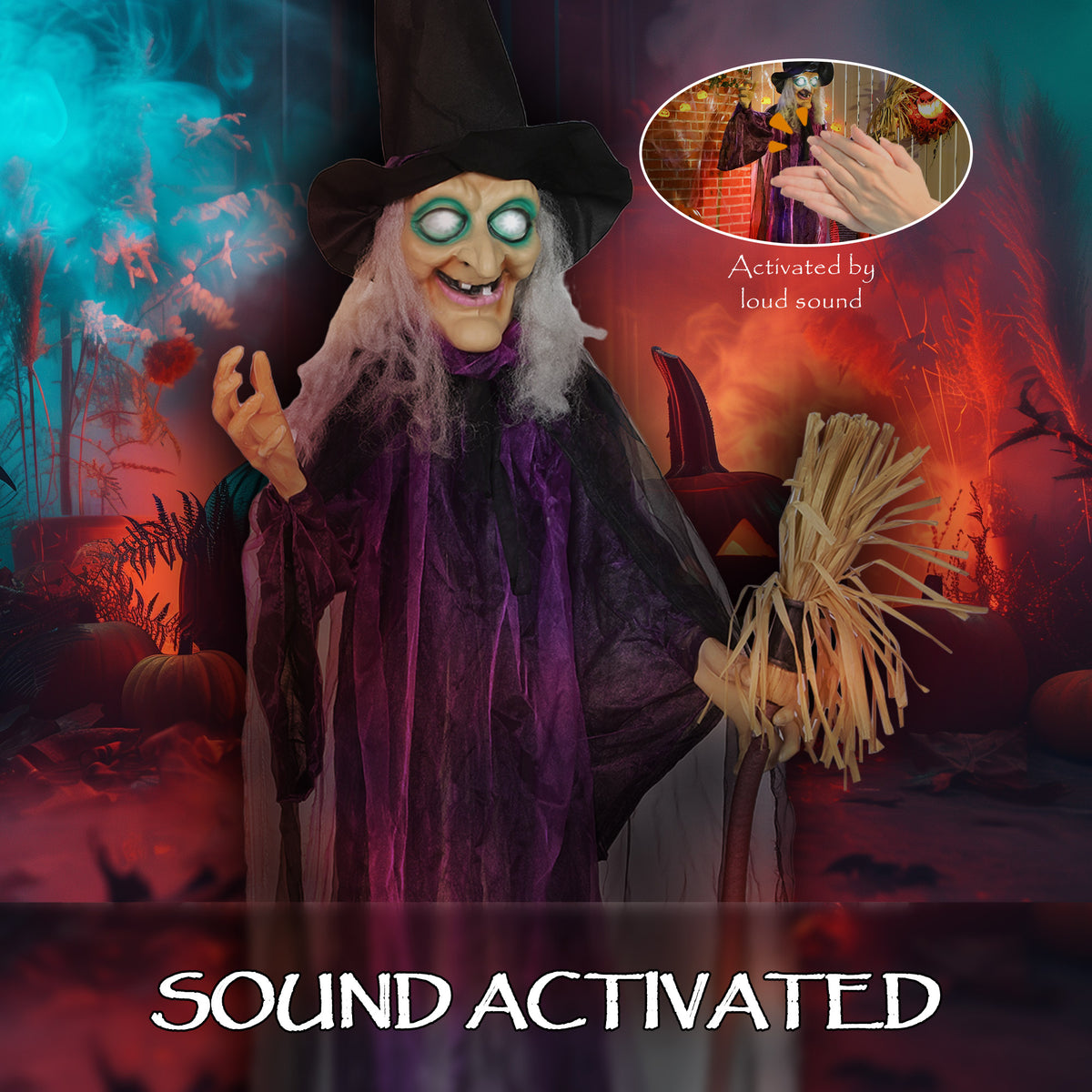 Voice Activated Halloween Animatronics Standing Witch, Purple