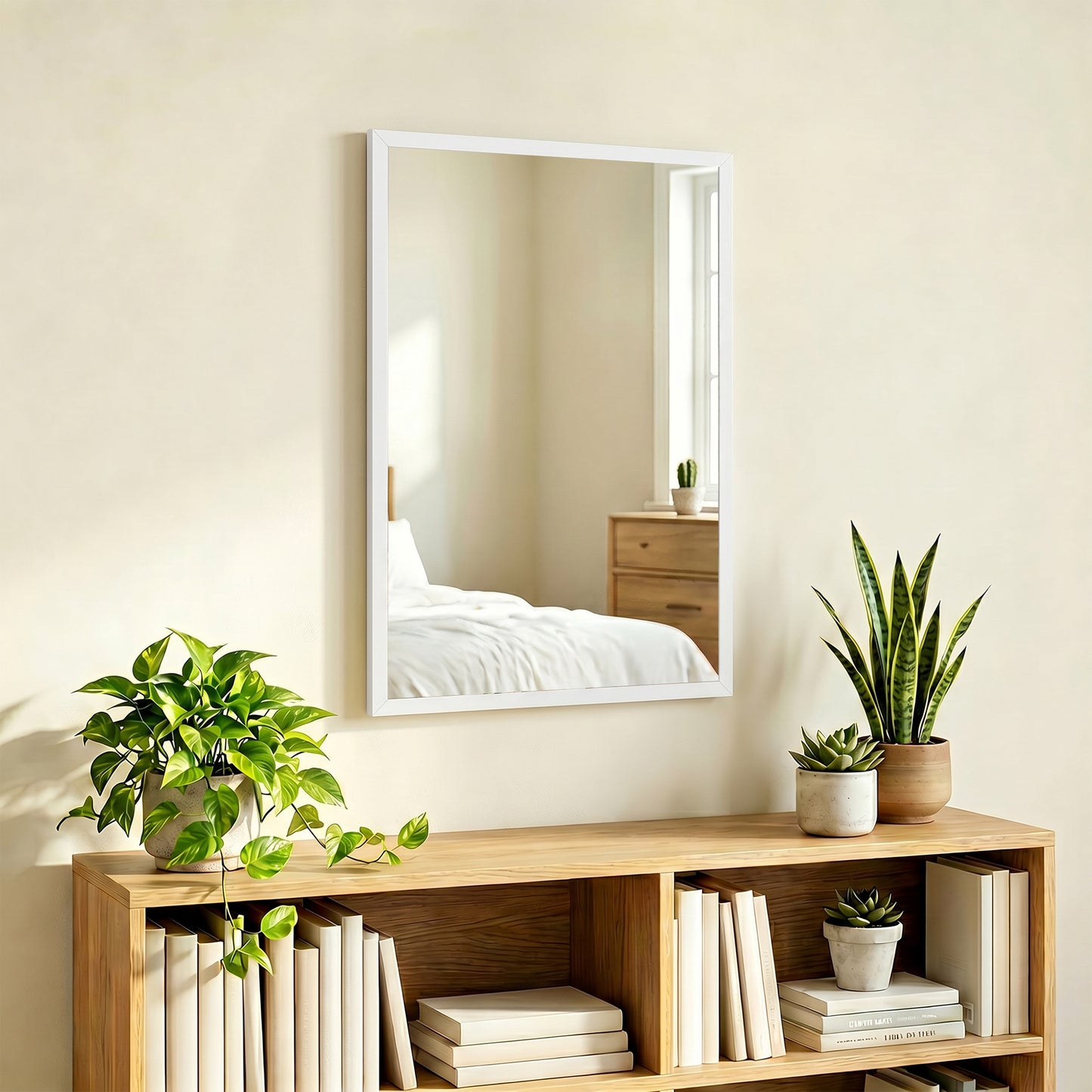 Decorative Rectangular Wall Mirror, 70 x 50 cm Wall-Mounted Bathroom Mirror for Living Room, Bedroom, Hallway, White