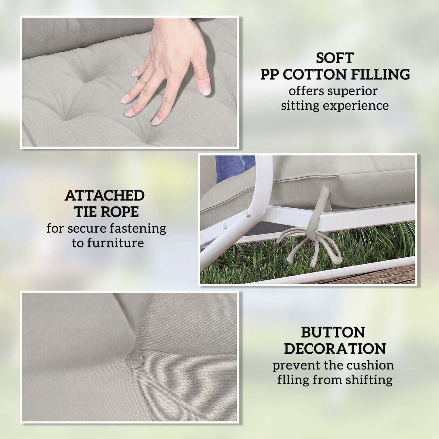 Garden Bench Cushion, Seat Pad with Ties, Light Grey