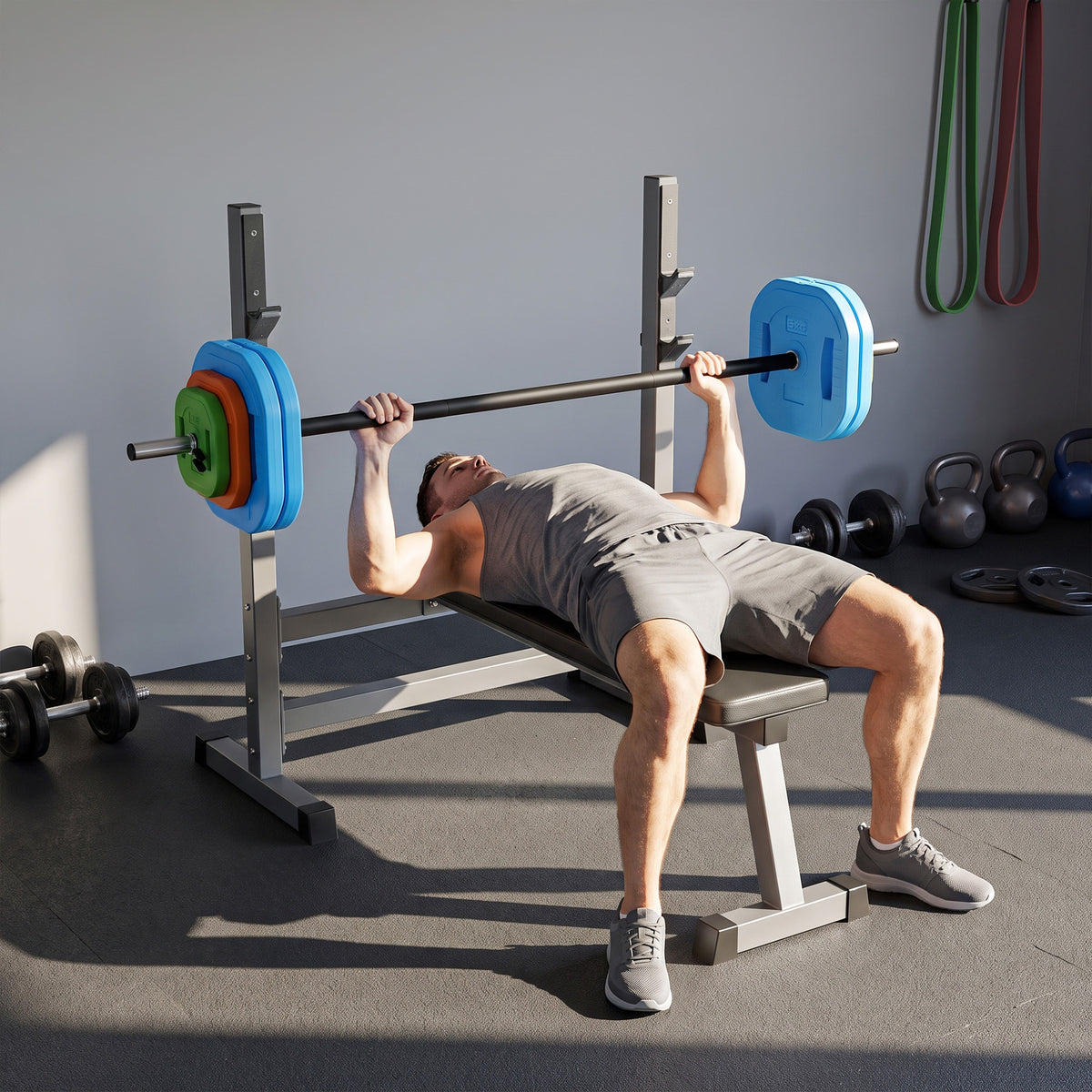 30kg Adjustable Barbell Set with 8 Grip Plates and Clips - Multicolour