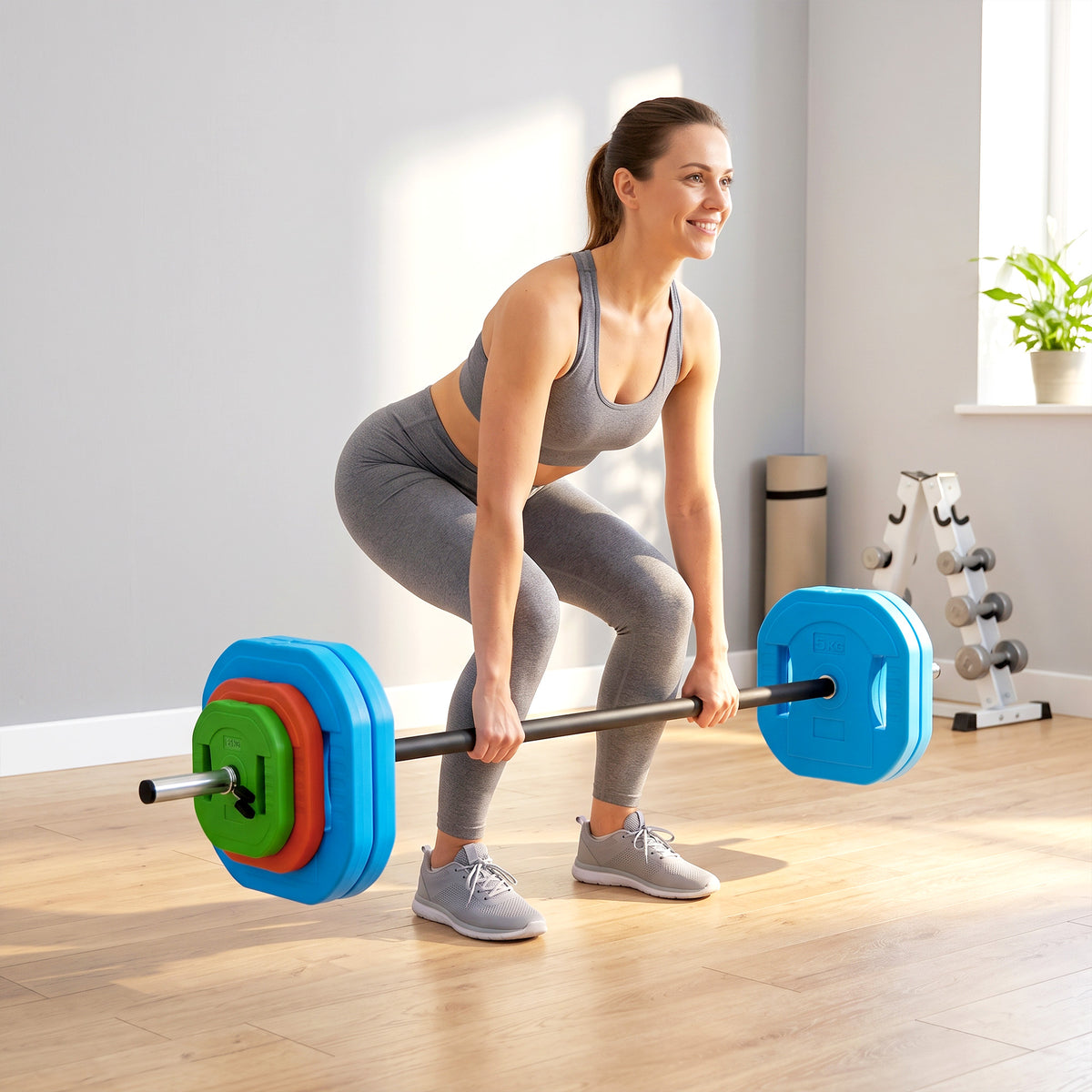 30kg Adjustable Barbell Set with 8 Grip Plates and Clips - Multicolour