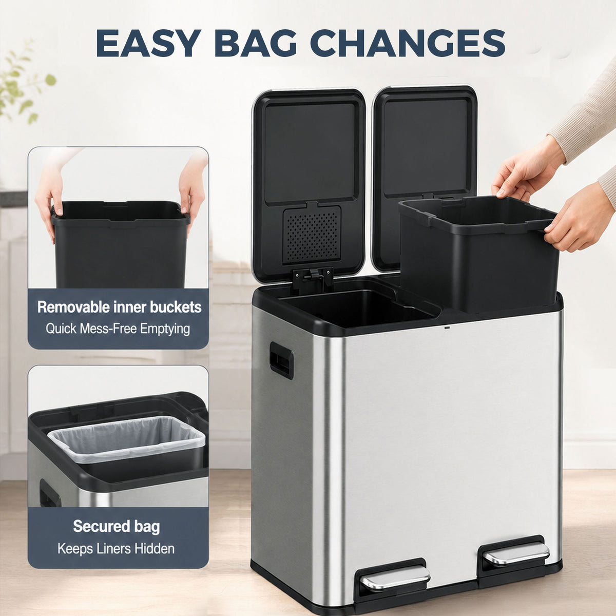 2x20L Kitchen Bin, Stainless Steel Recycling Bin, Silver Tone