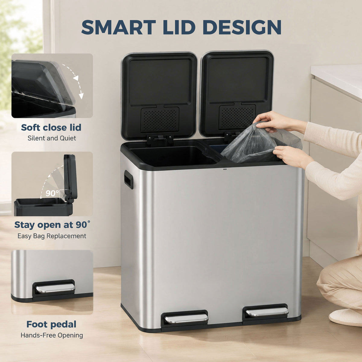2x20L Kitchen Bin, Stainless Steel Recycling Bin, Silver Tone