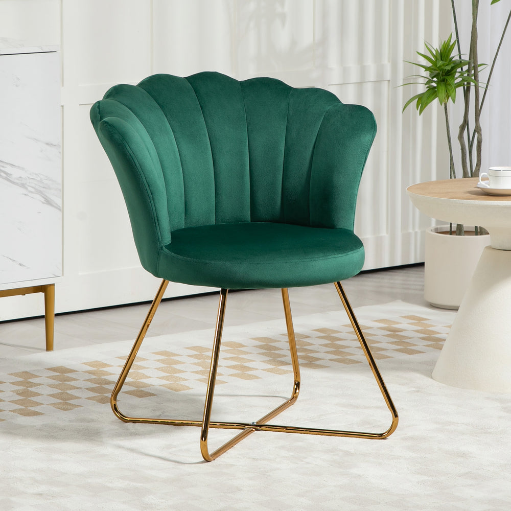 Accent Chair, Velvet Armchair with Lotus Backrest, Steel Legs, Green