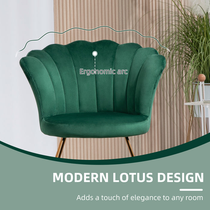 Accent Chair, Velvet Armchair with Lotus Backrest, Steel Legs, Green