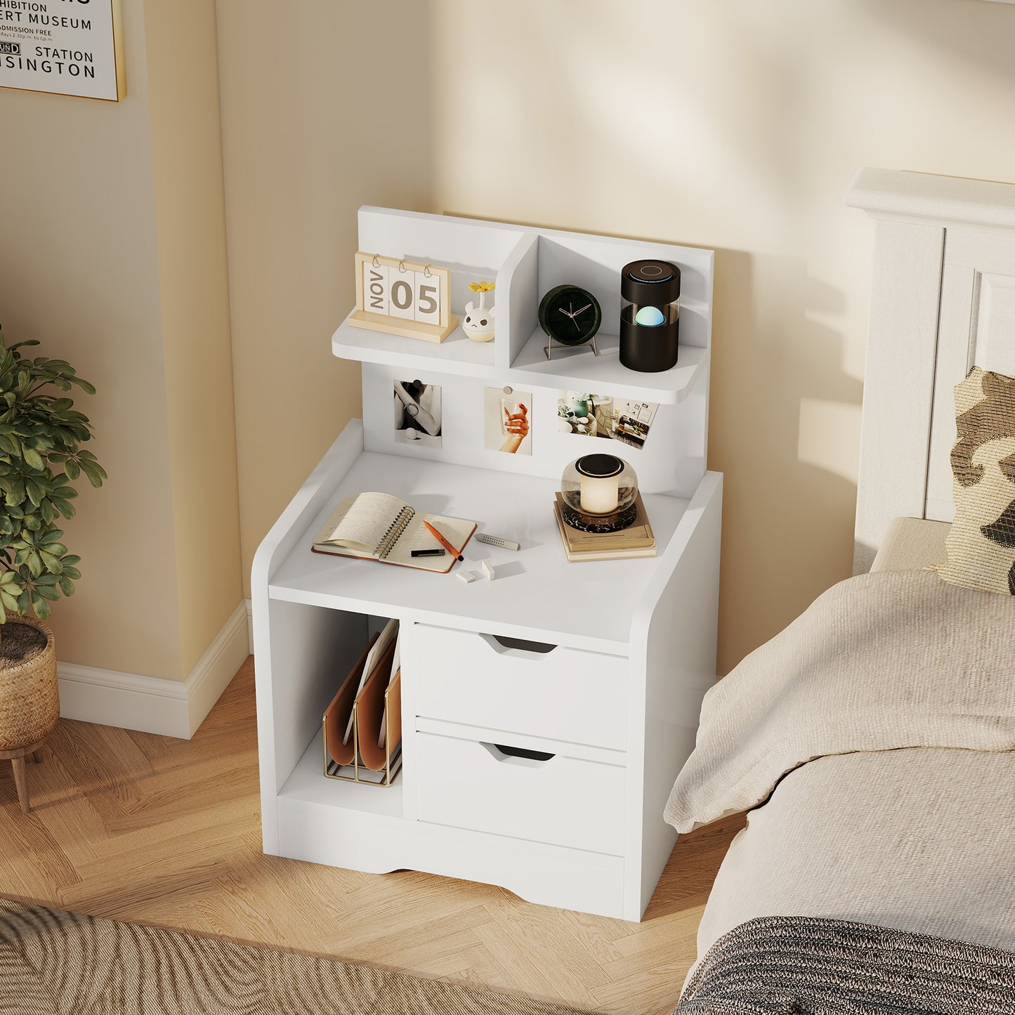 Modern Bedside Table with 2 Drawers and Open Shelves for Bedroom