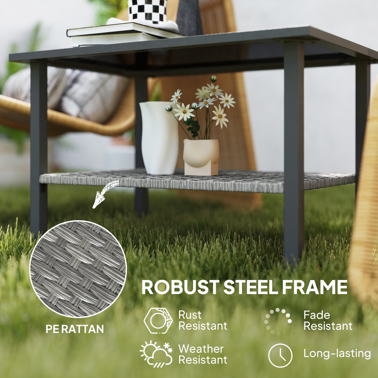Outdoor Rattan Coffee Table, Rectangular Tea Side Table, Mixed-grey