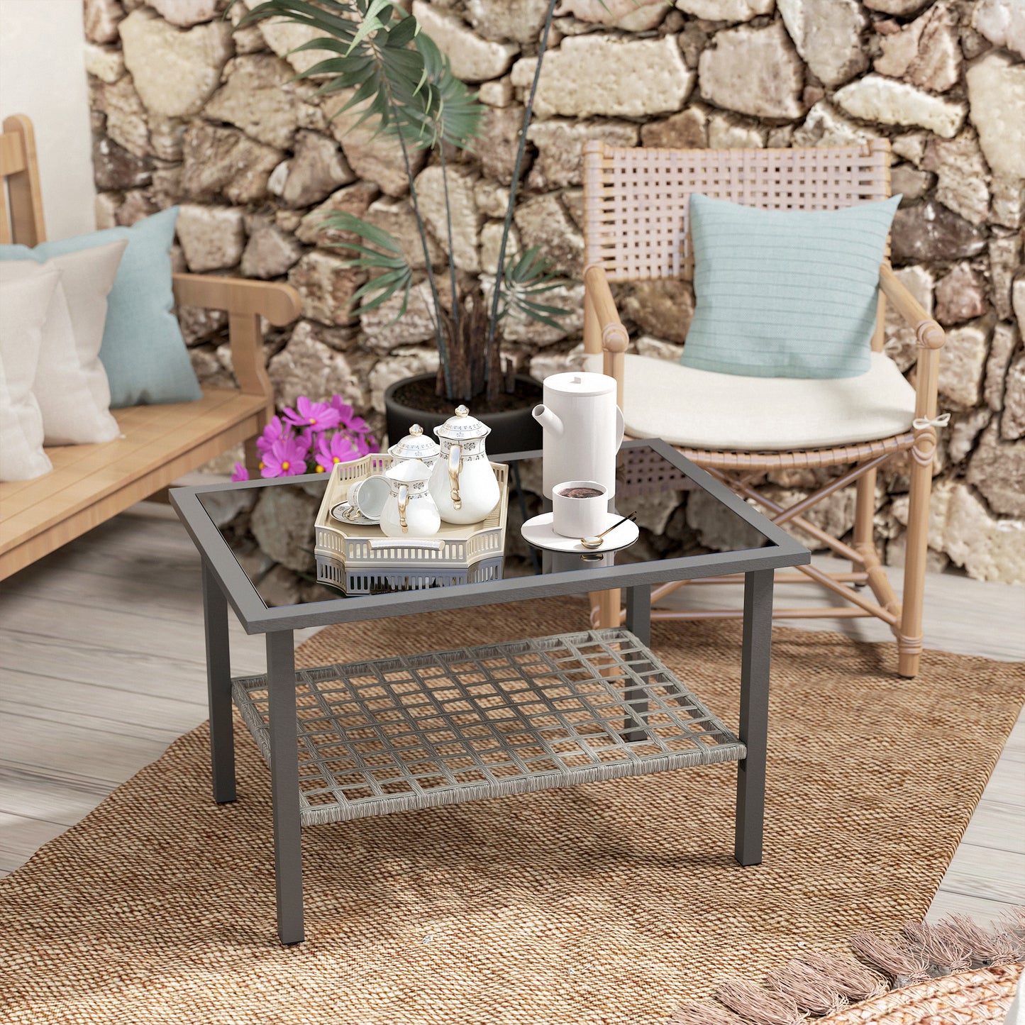 Outdoor Rattan Coffee Table, Rectangular Tea Side Table, Mixed-grey