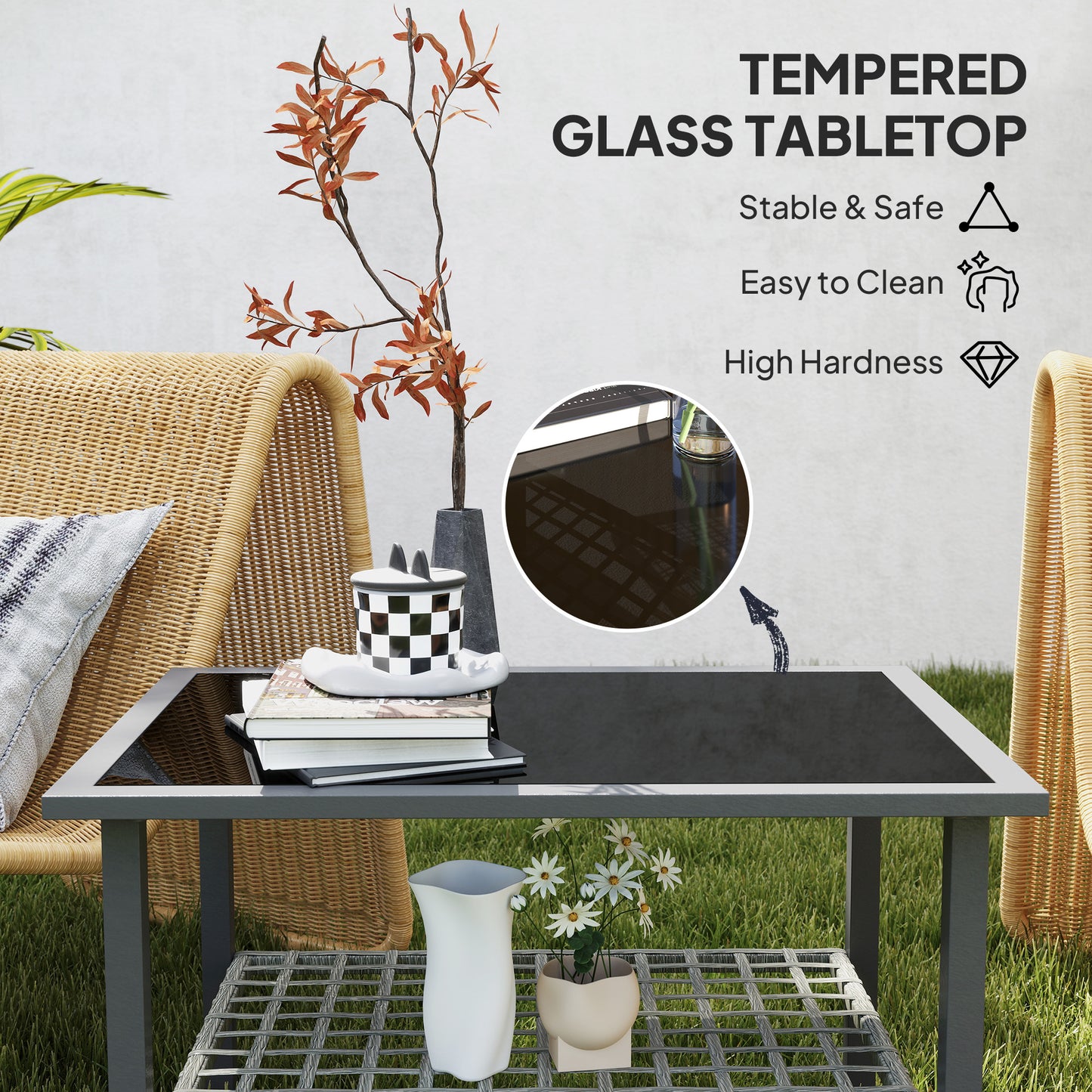 Outdoor Rattan Coffee Table, Rectangular Tea Side Table, Mixed-grey