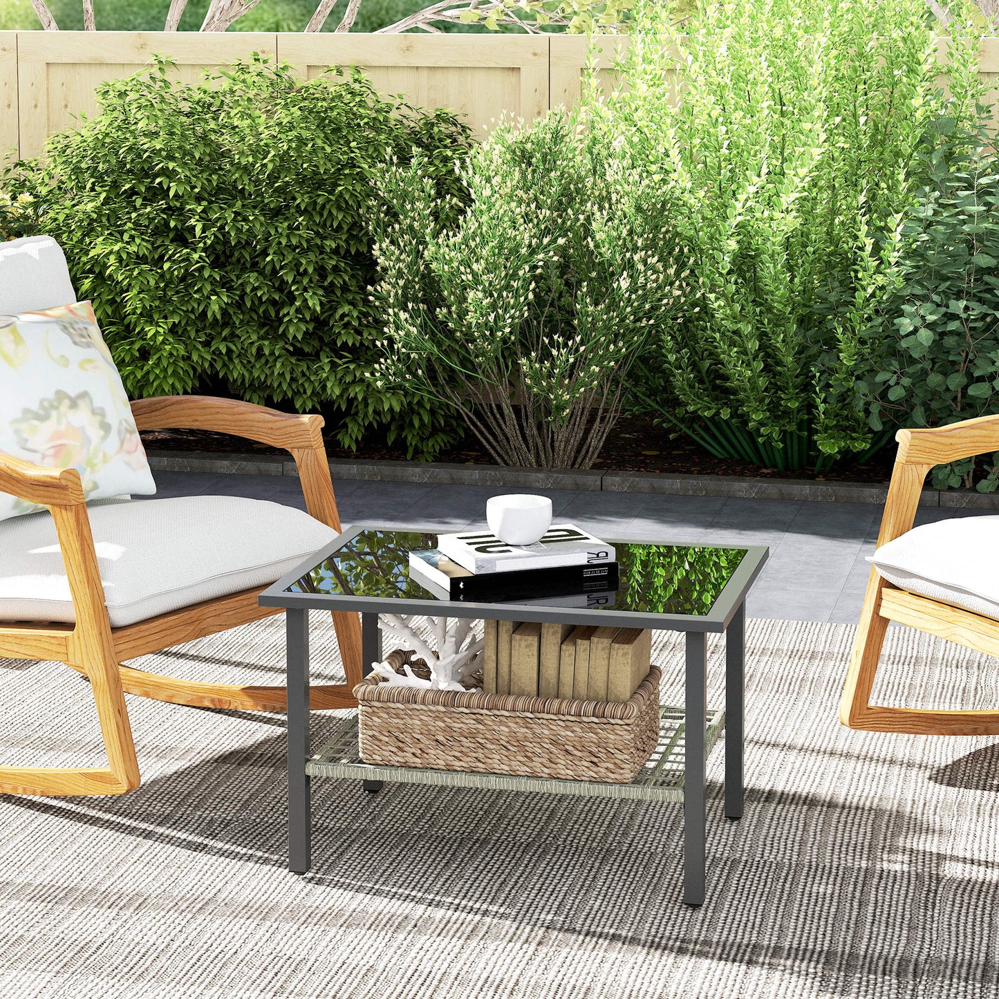 Outdoor Rattan Coffee Table, Rectangular Tea Side Table, Mixed-grey
