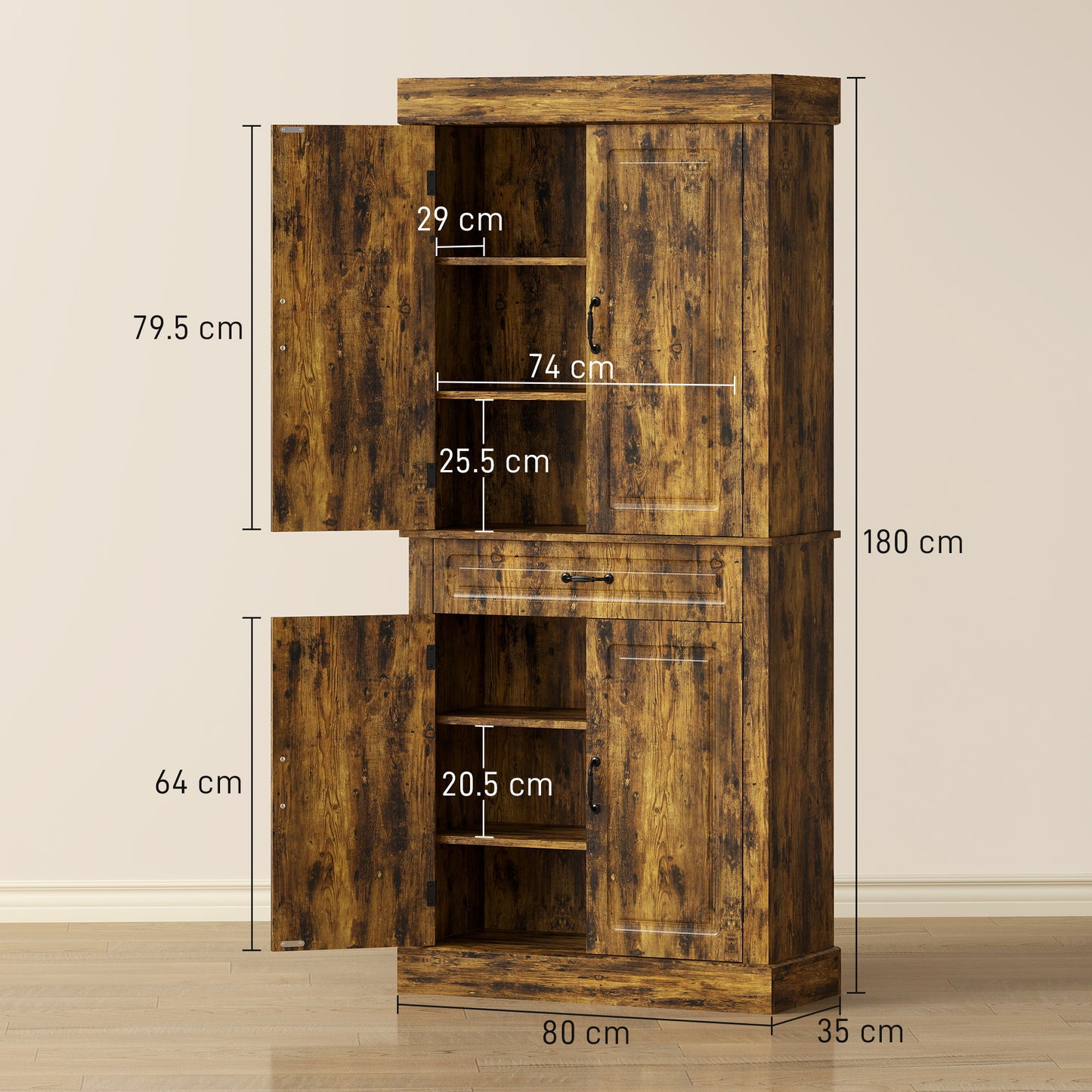 180cm Kitchen Pantry, KitchenStorage Cabinet with Shelves, Brown