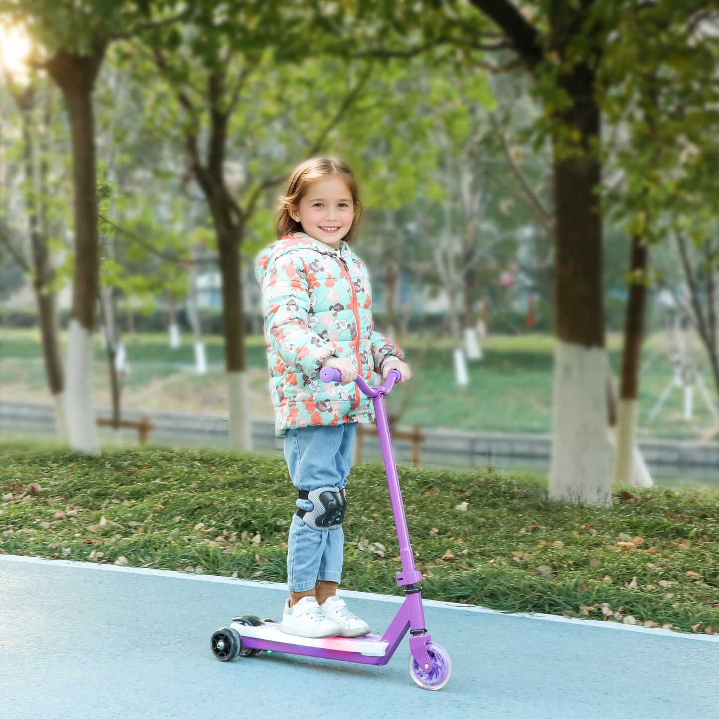 Electric Scooter for Kids 4-7, with Auxiliary Rear Wheels, Purple