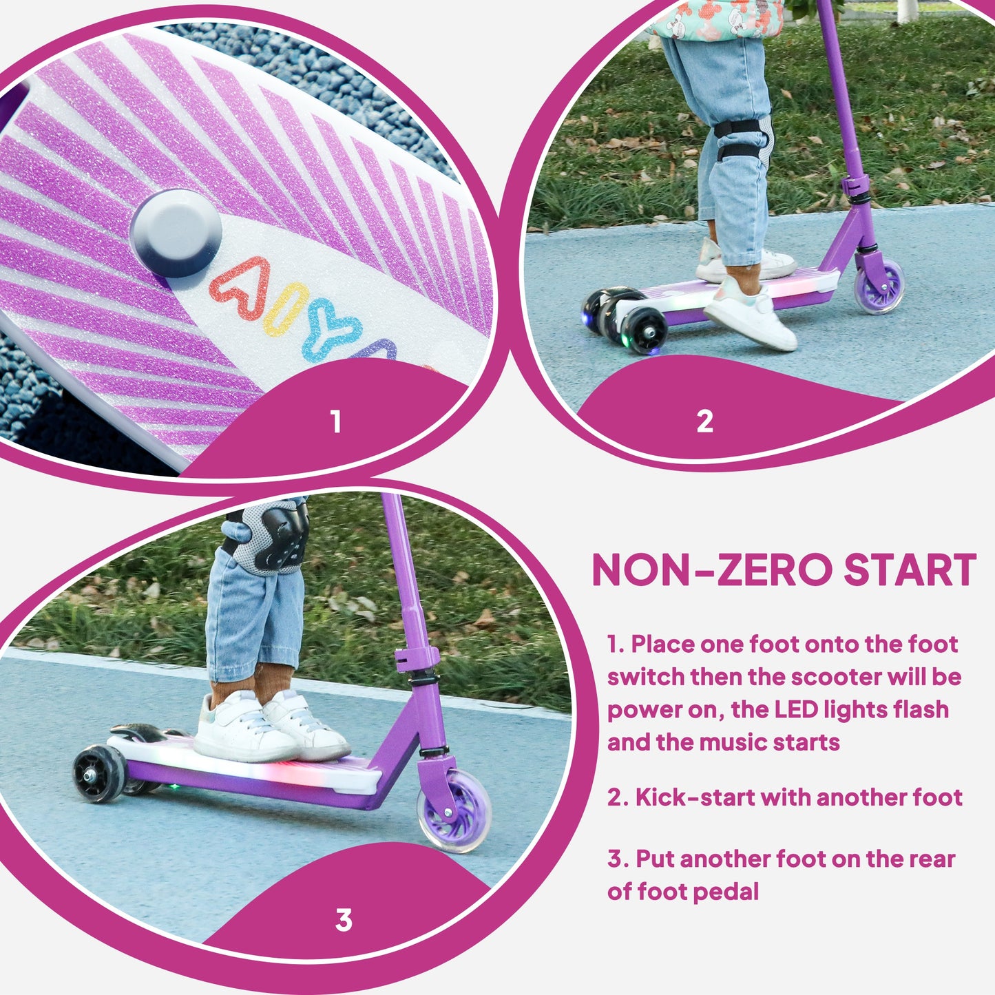 Electric Scooter for Kids 4-7, with Auxiliary Rear Wheels, Purple