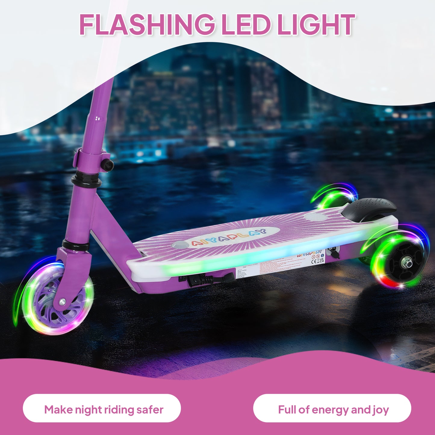 Electric Scooter for Kids 4-7, with Auxiliary Rear Wheels, Purple