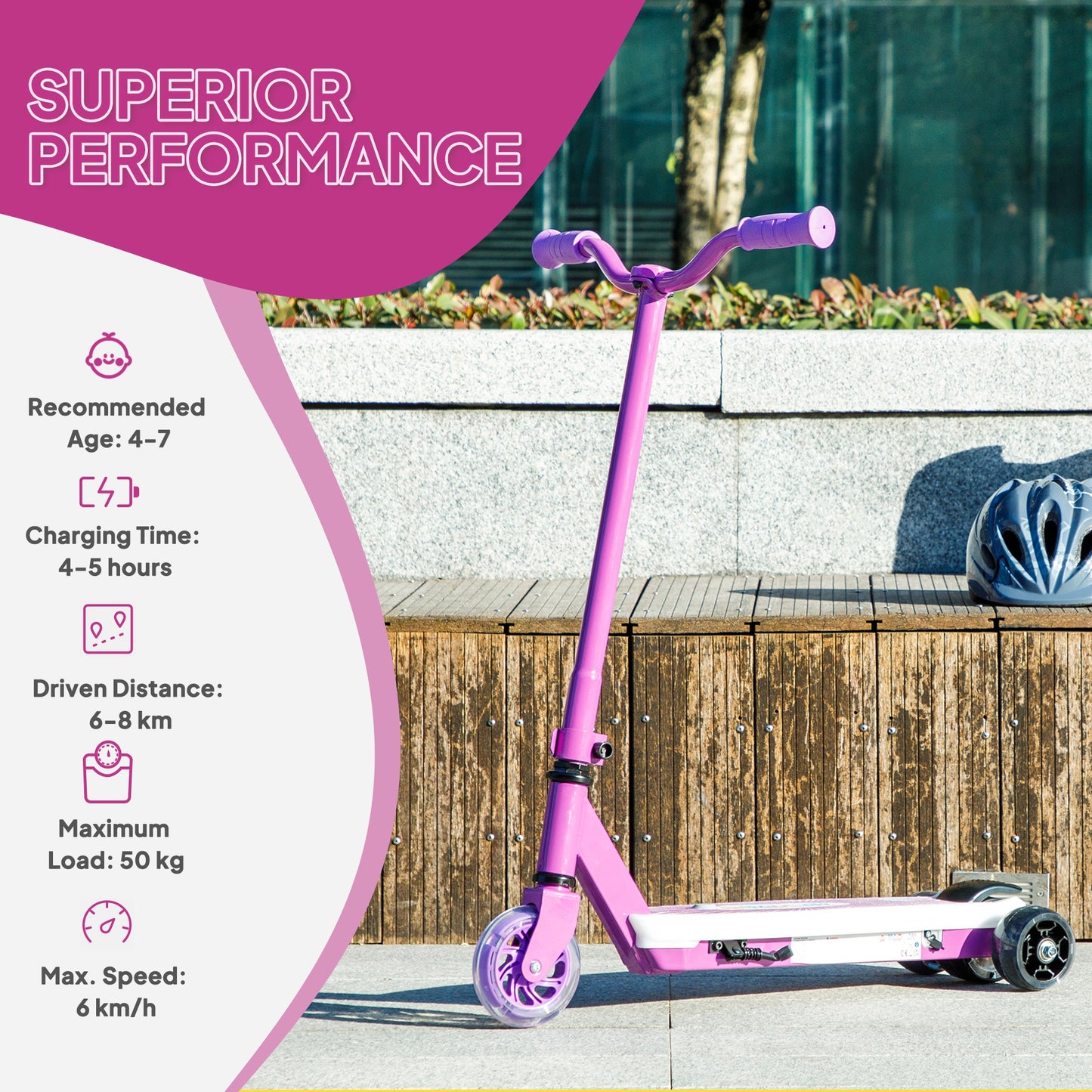 Electric Scooter for Kids 4-7, with Auxiliary Rear Wheels, Purple