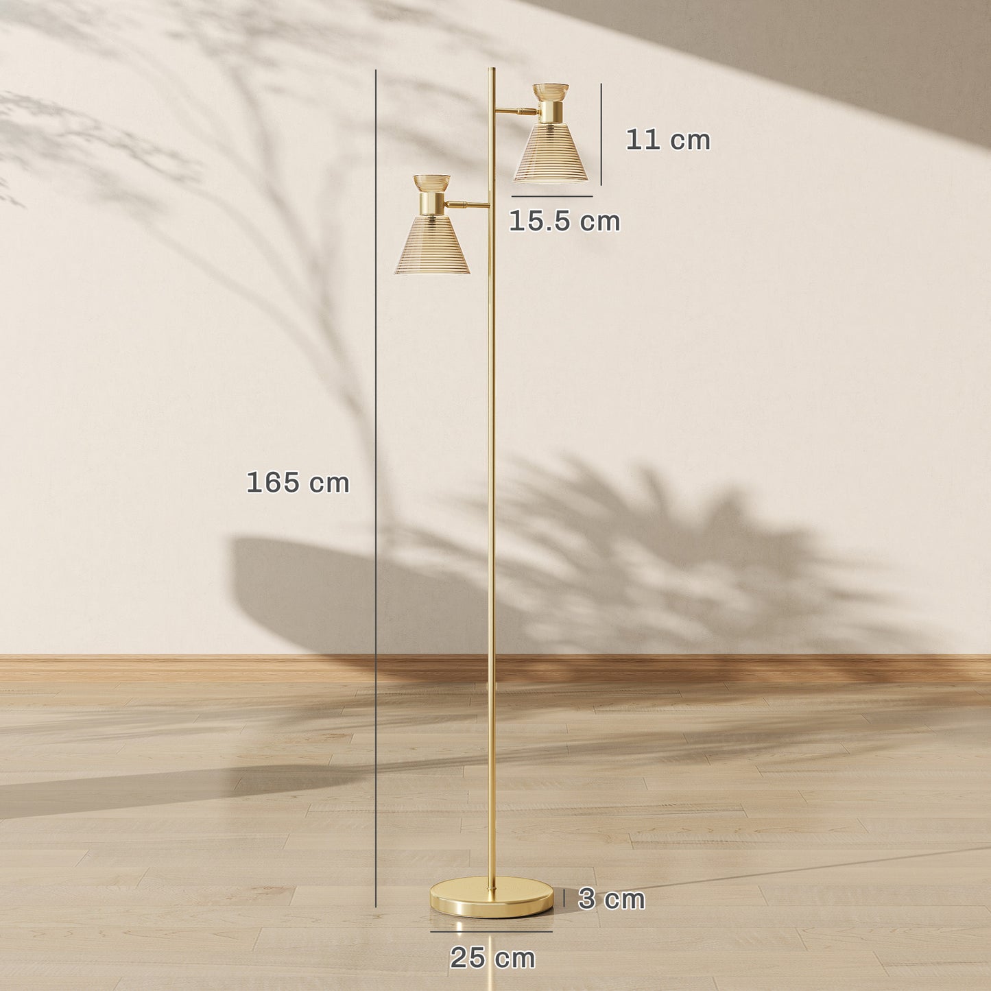 Standing Lamp with Adjustable Dual Head, Modern Floor Lamp, Gold Tone