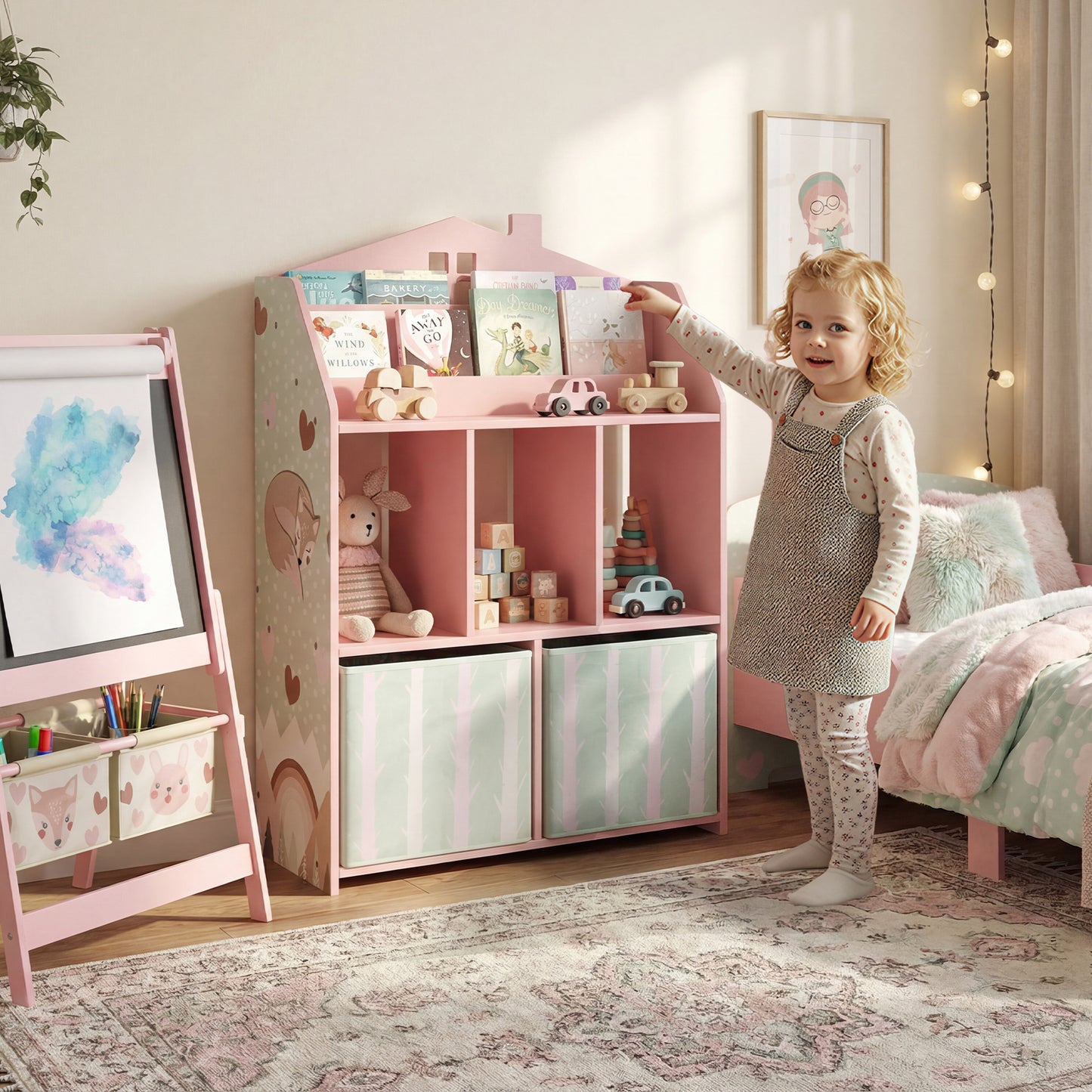 Kids Bookshelf with Storage, Toy Storage Unit for Playroom, Pink