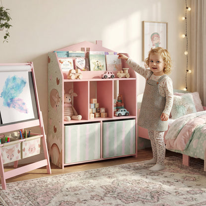 Kids Bookshelf with Storage, Toy Storage Unit for Playroom, Pink