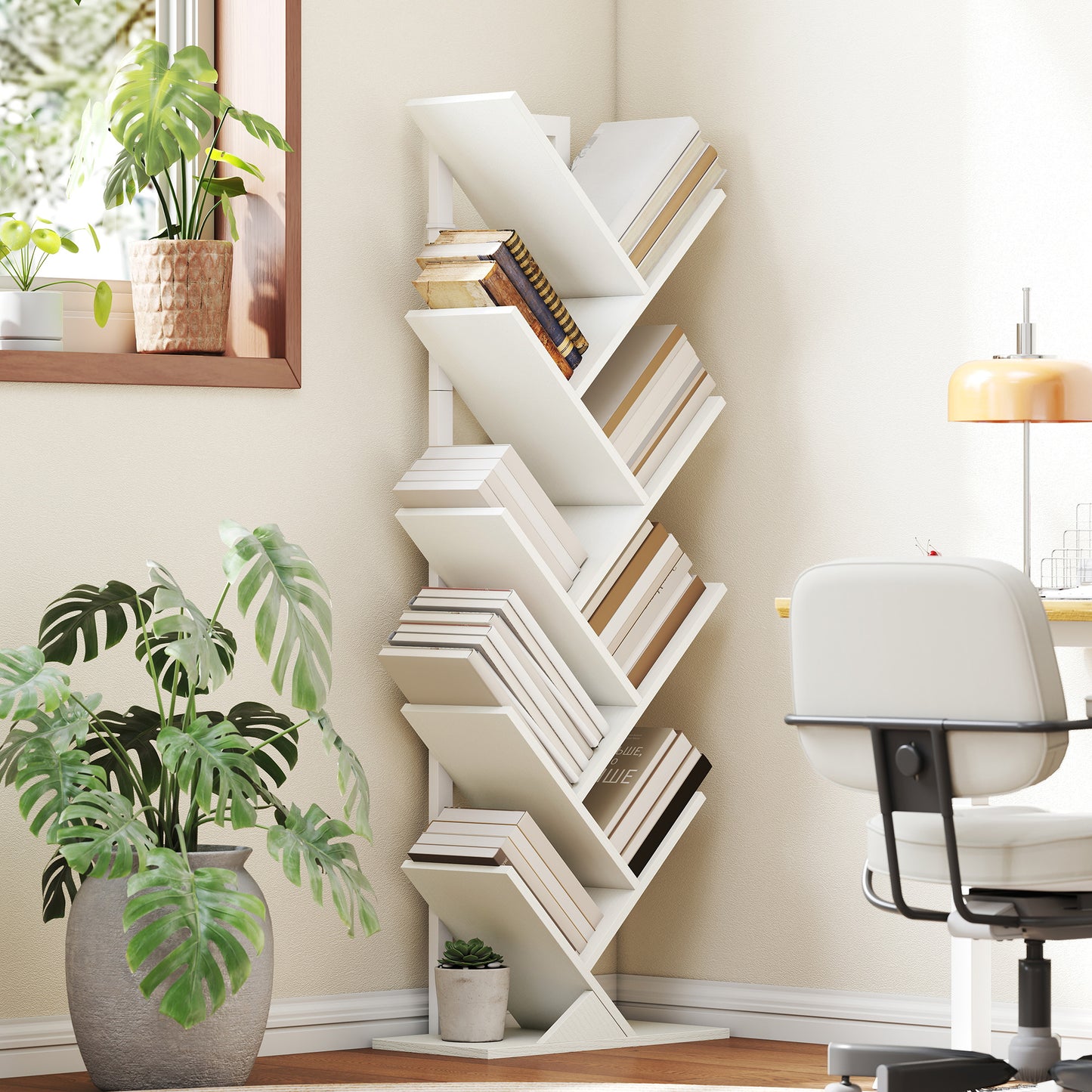 9-Tier Tree Bookshelf with Steel Frame for Living Room, White