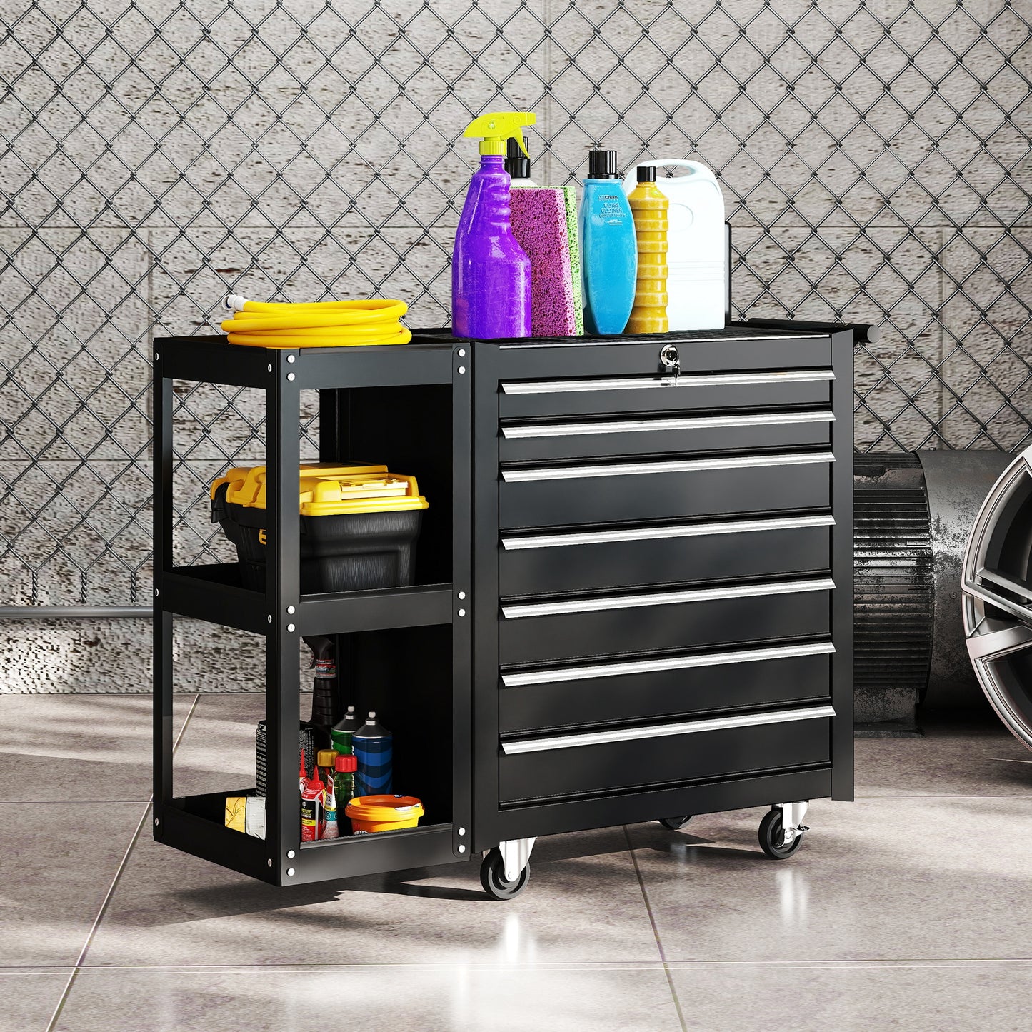 7 Drawer Lockable Steel Tool Chest on Wheels for Workshop, Black