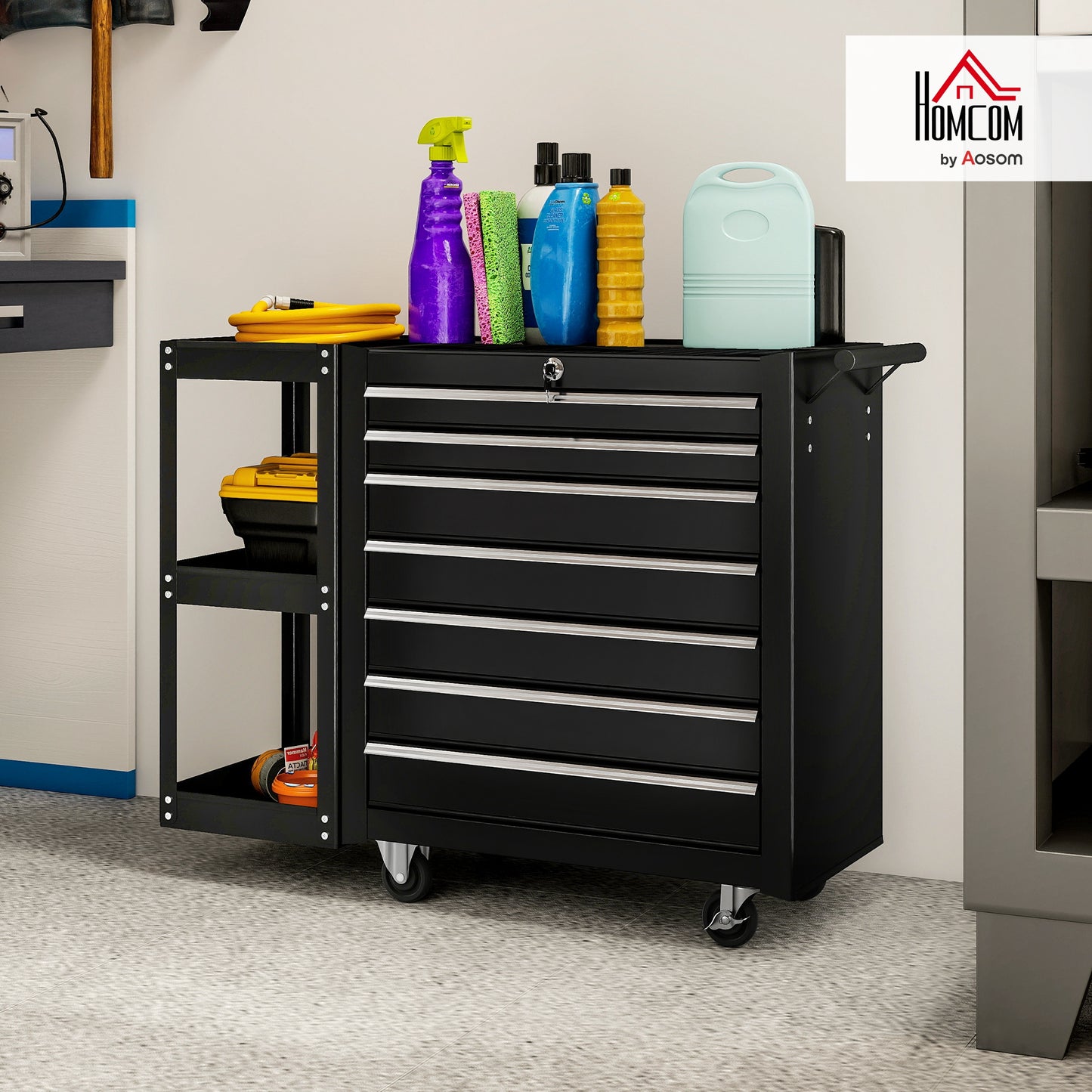 7 Drawer Lockable Steel Tool Chest on Wheels for Workshop, Black