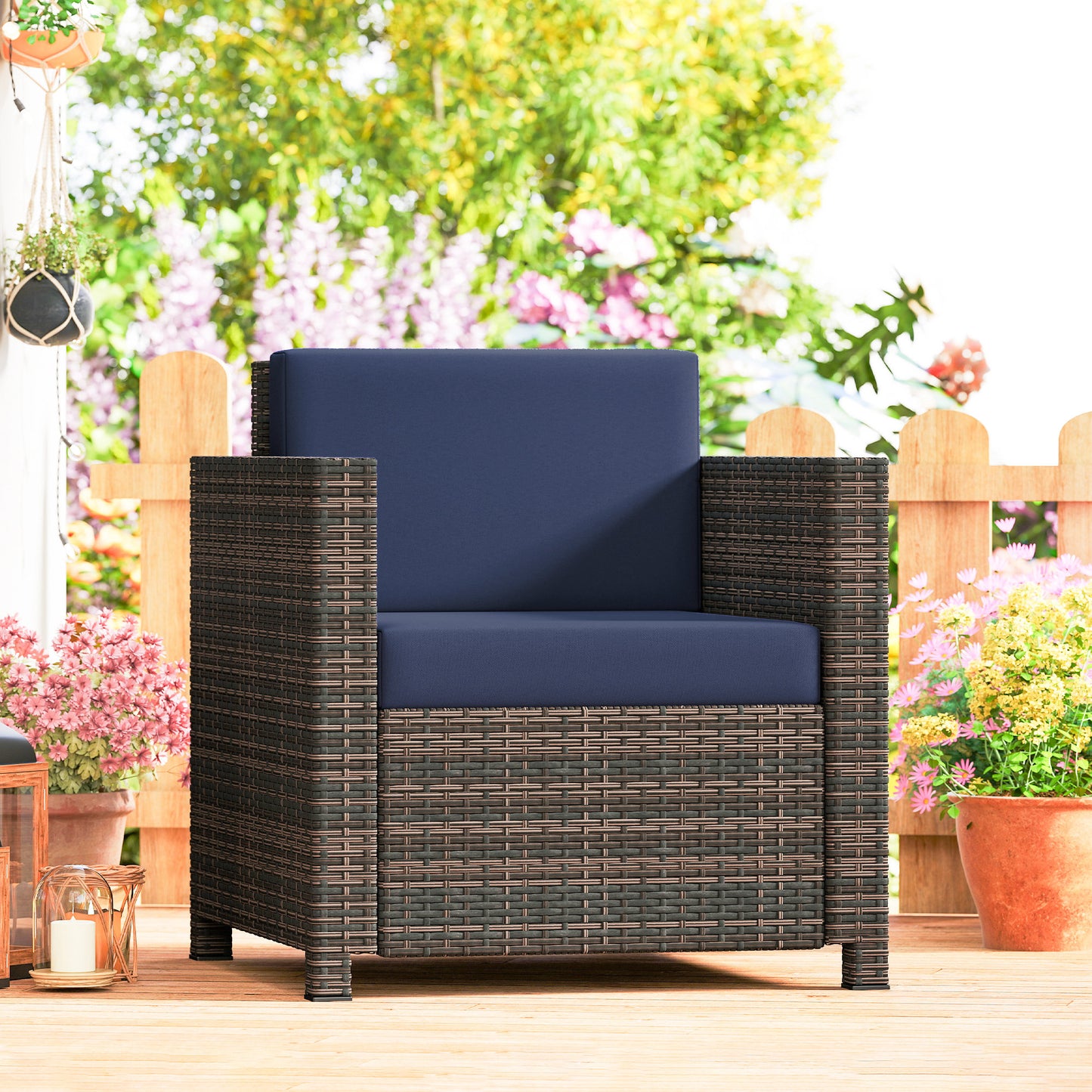 Rattan Garden Armchair, Cushioned Single Rattan Chair, Brown/Blue