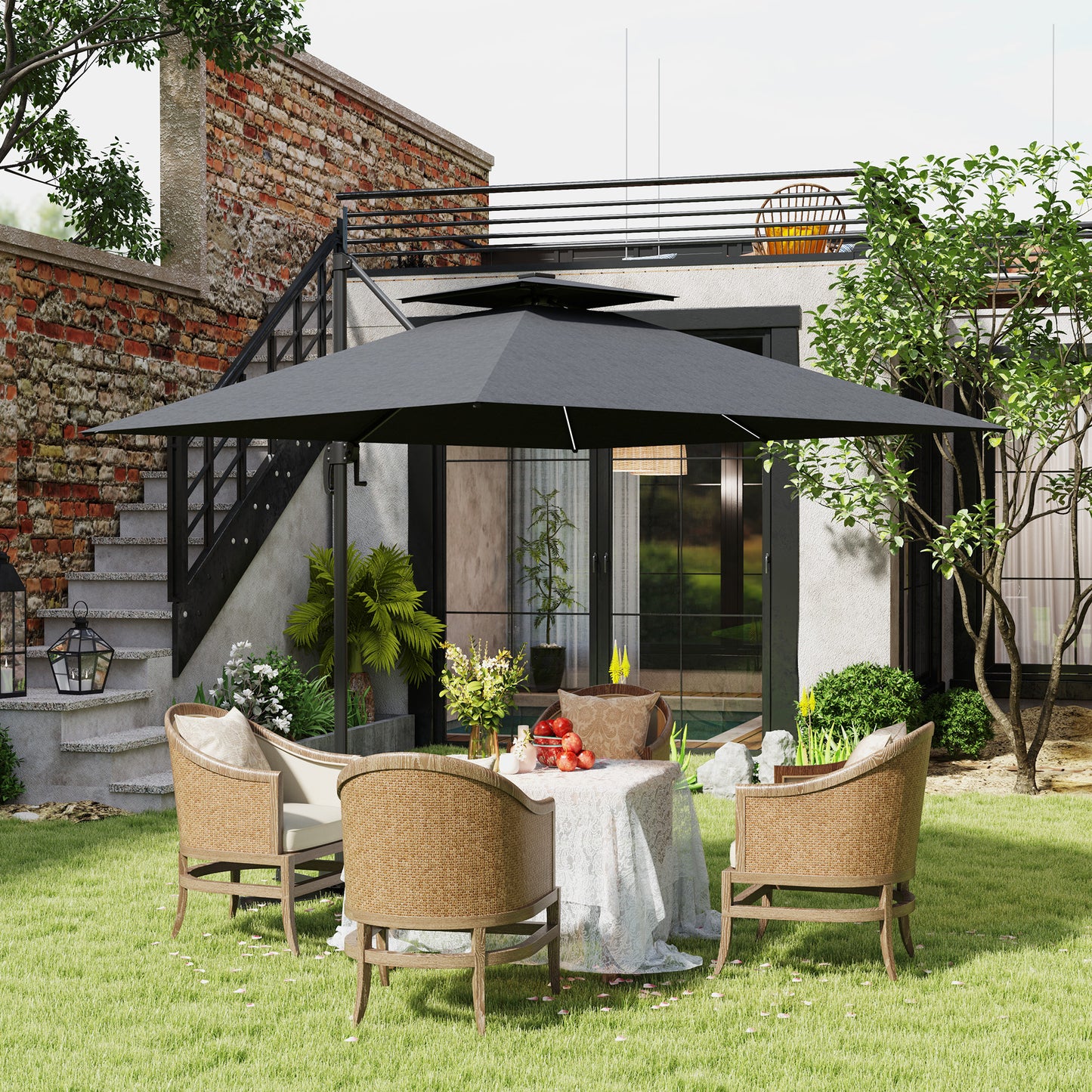2.5m Cantilever Parasol, Garden Parasol with Lights, Dark Grey