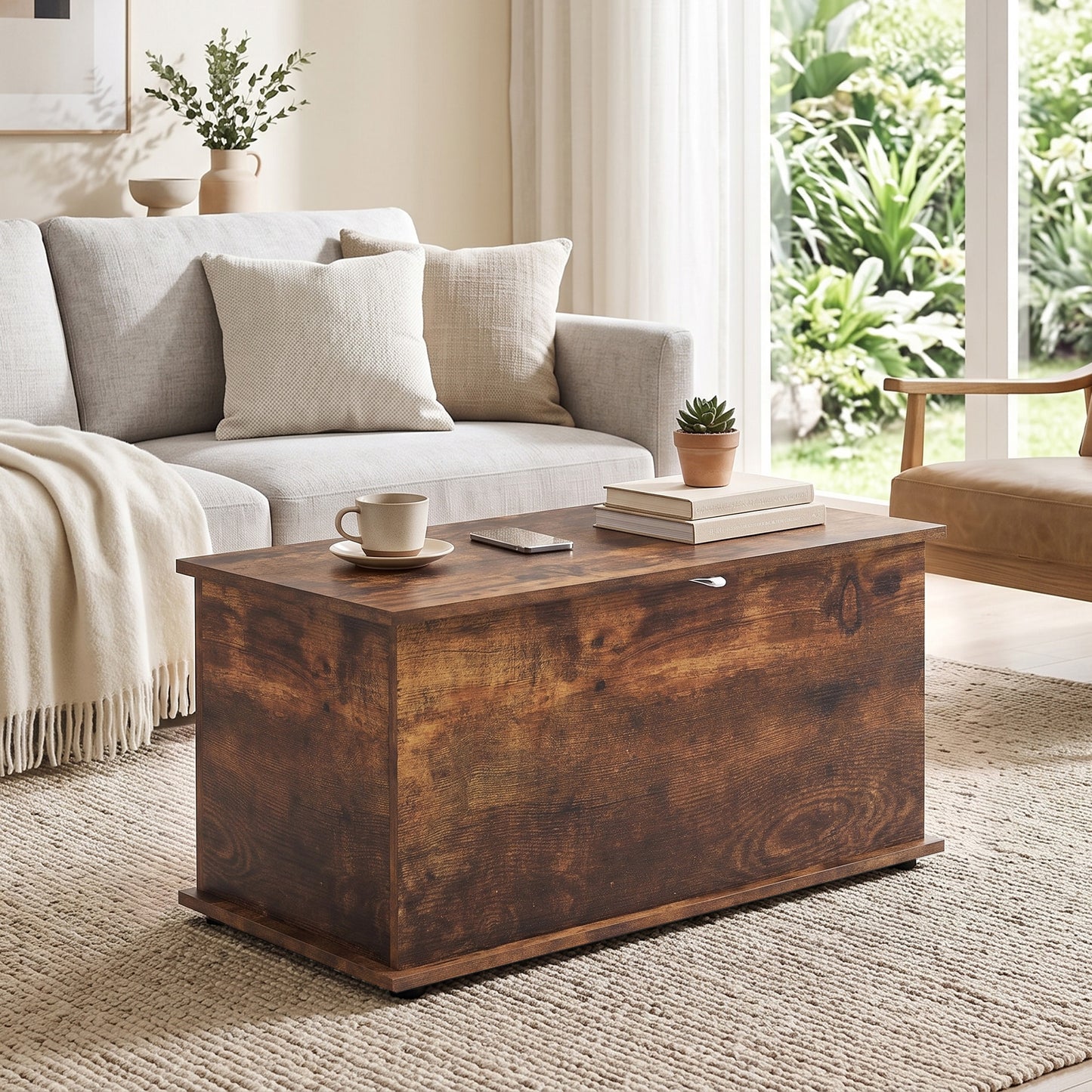 Storage Chest with Safety Hinged Lid, 102L Storage Box, Rustic Brown