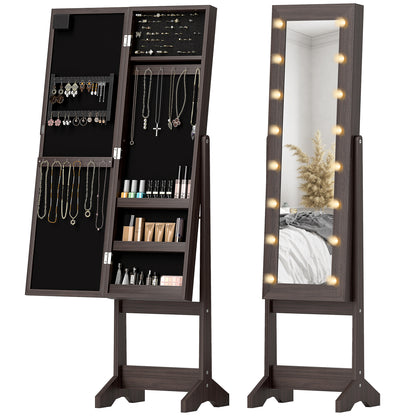 Freestanding LED Mirrored Jewelry Cabinet Dark Brown