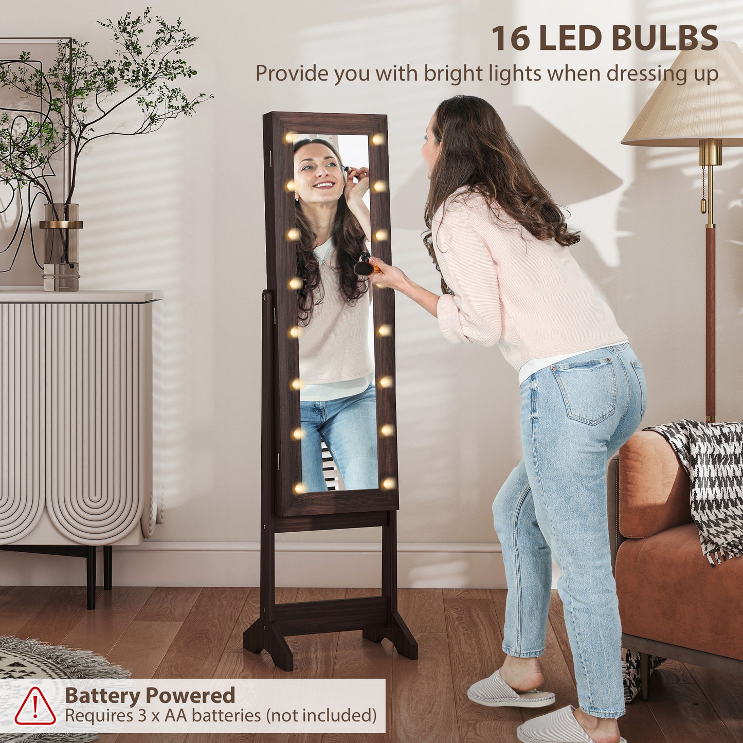 Freestanding LED Mirrored Jewelry Cabinet Dark Brown