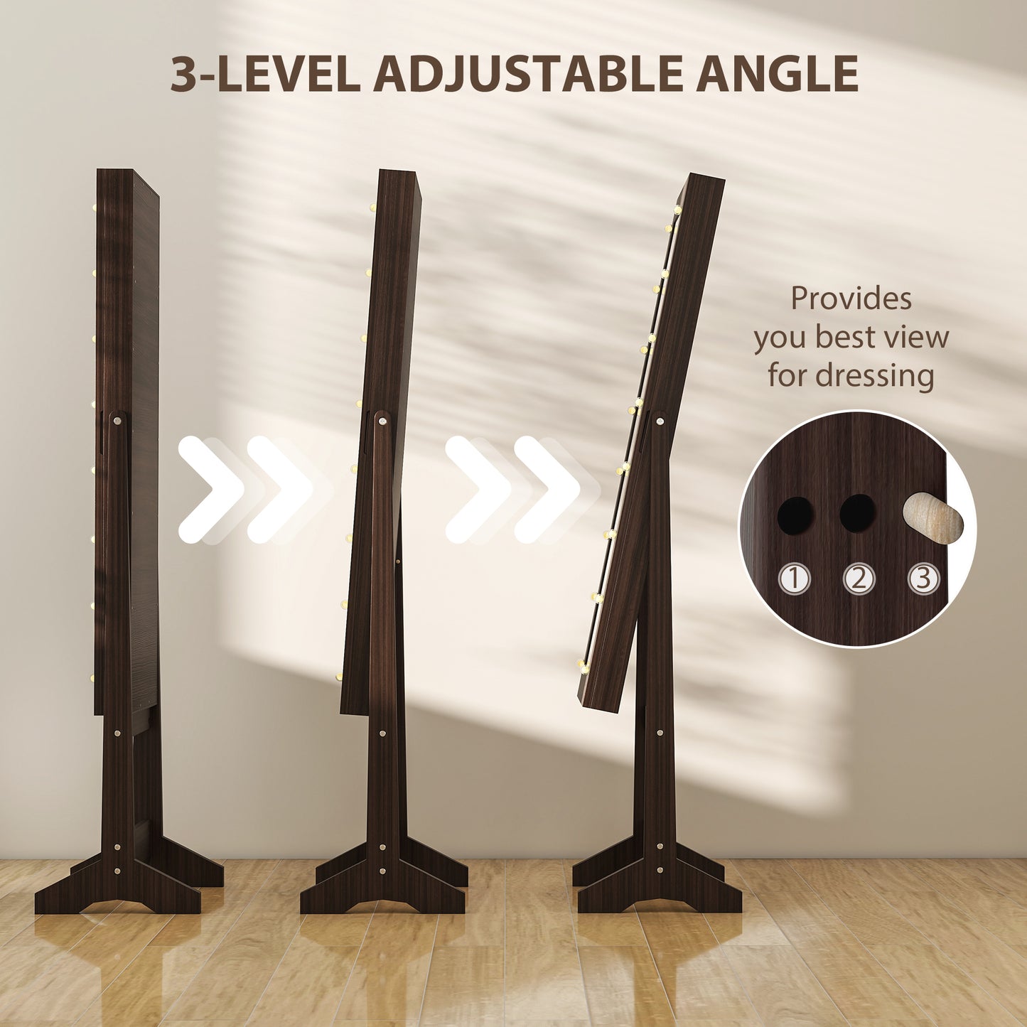 Freestanding LED Mirrored Jewelry Cabinet Dark Brown